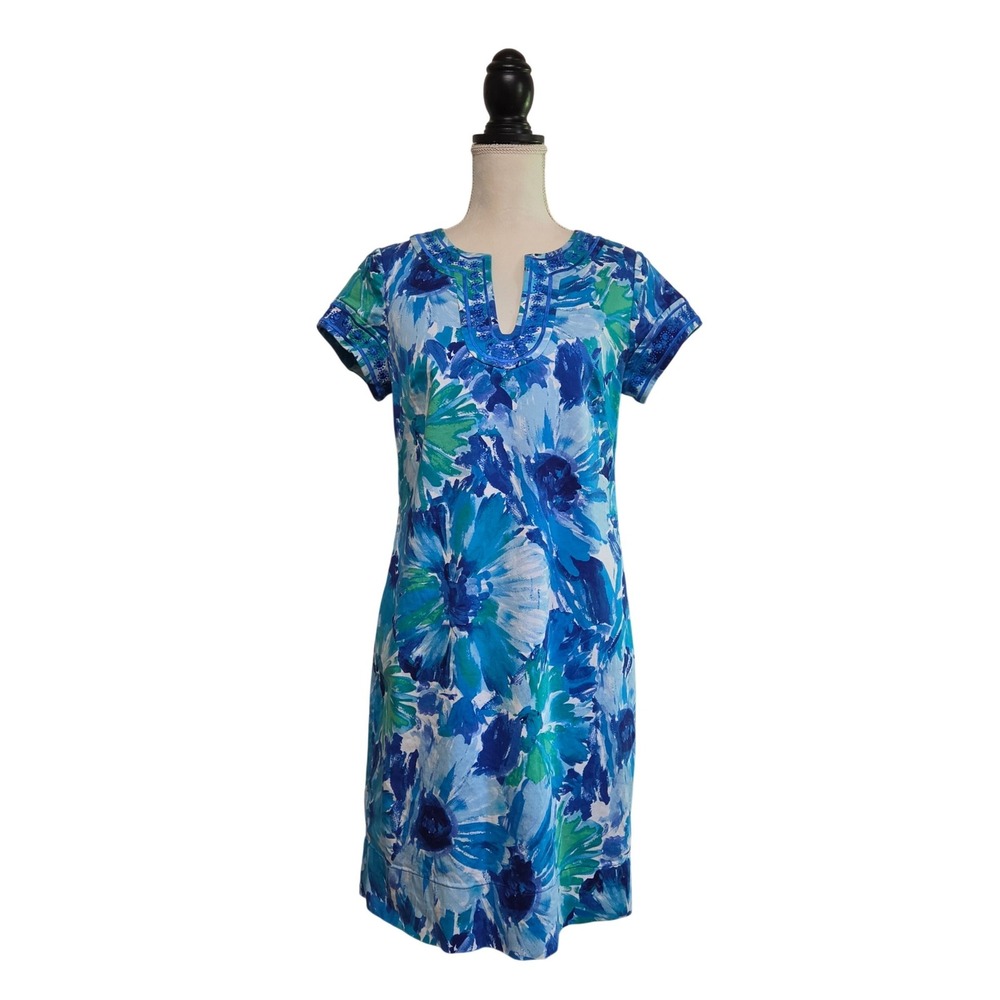 Pappagallo Blue Green Island Floral Embroidered Dress Size 6 Resort Tropical